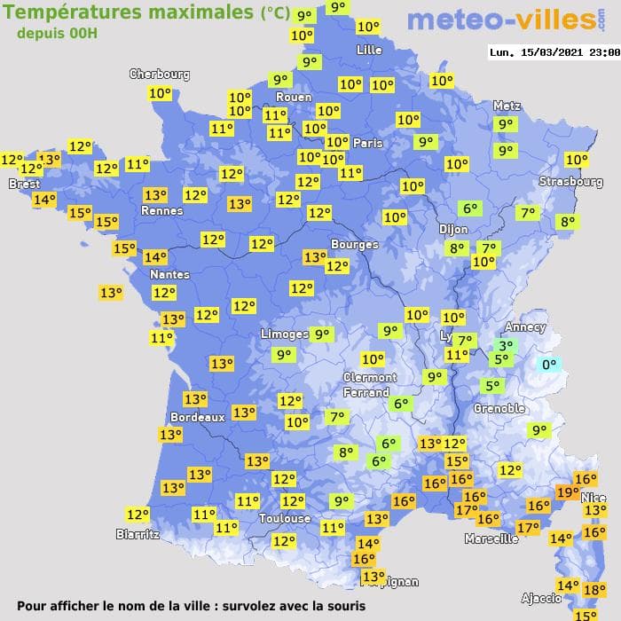 Températures maximales (°C) depuis 00h