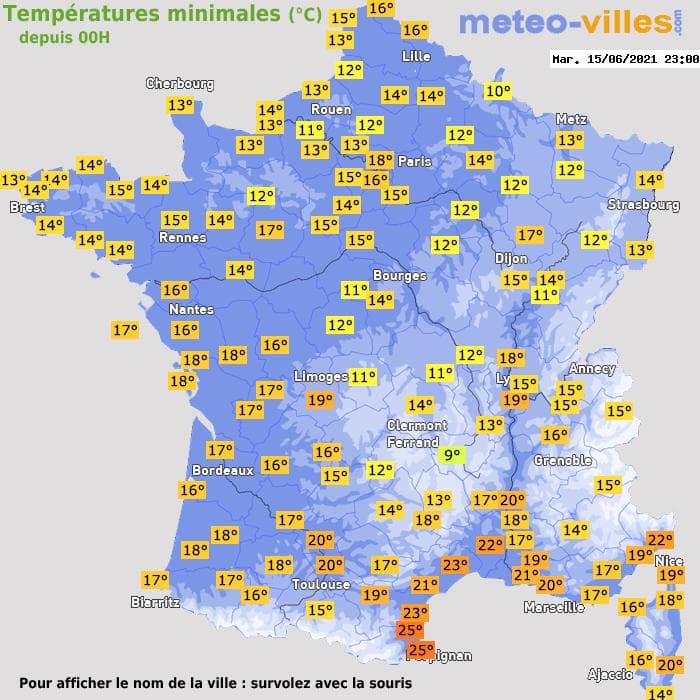 Températures minimales (°C) depuis 00h