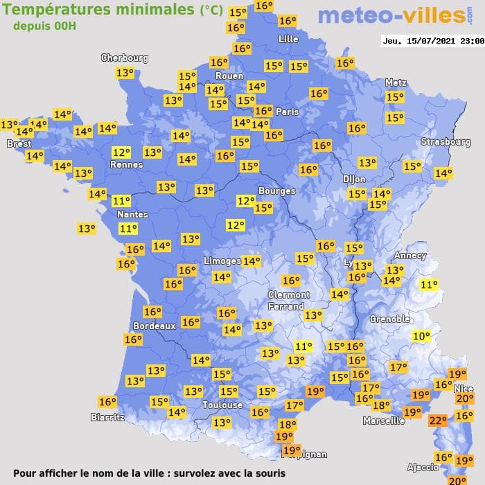 Températures minimales (°C) depuis 00h