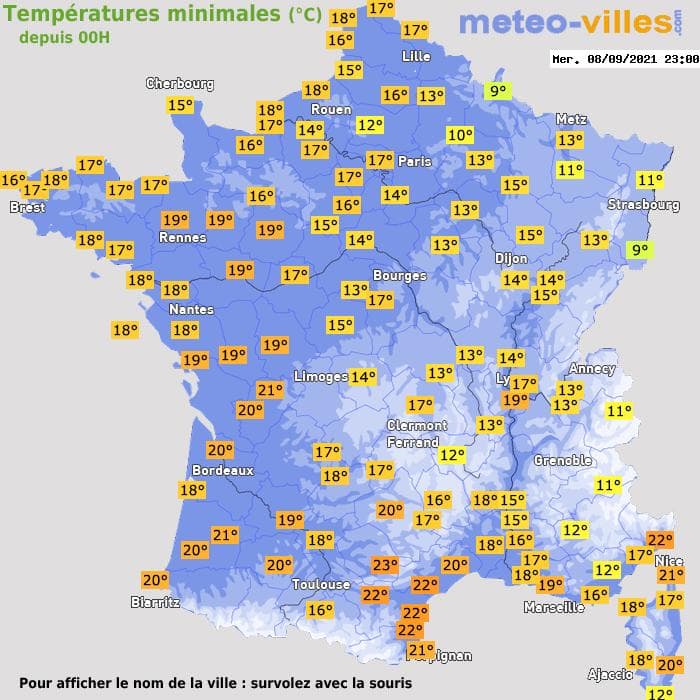 Températures minimales (°C) depuis 00h