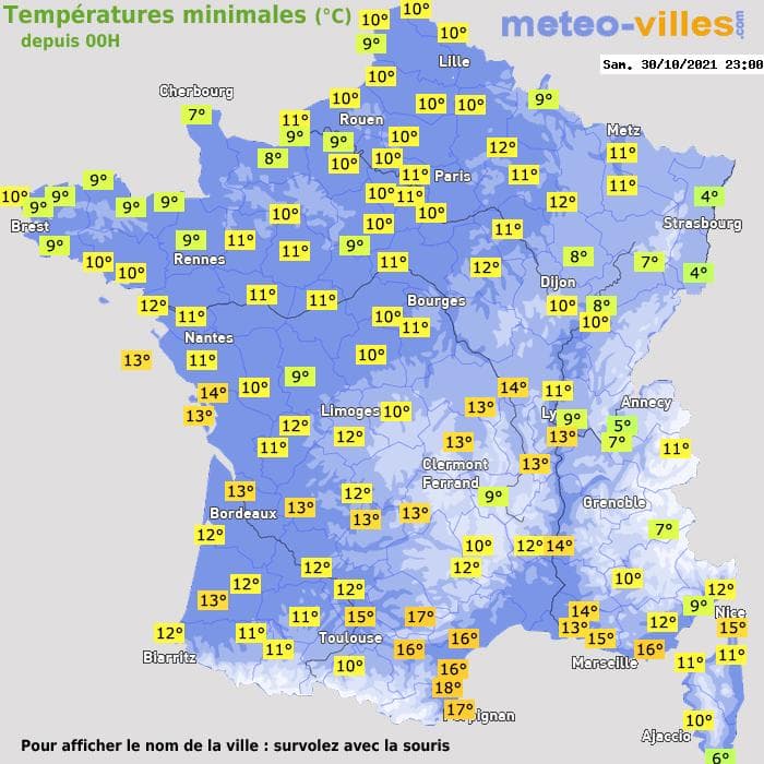 Températures minimales (°C) depuis 00h