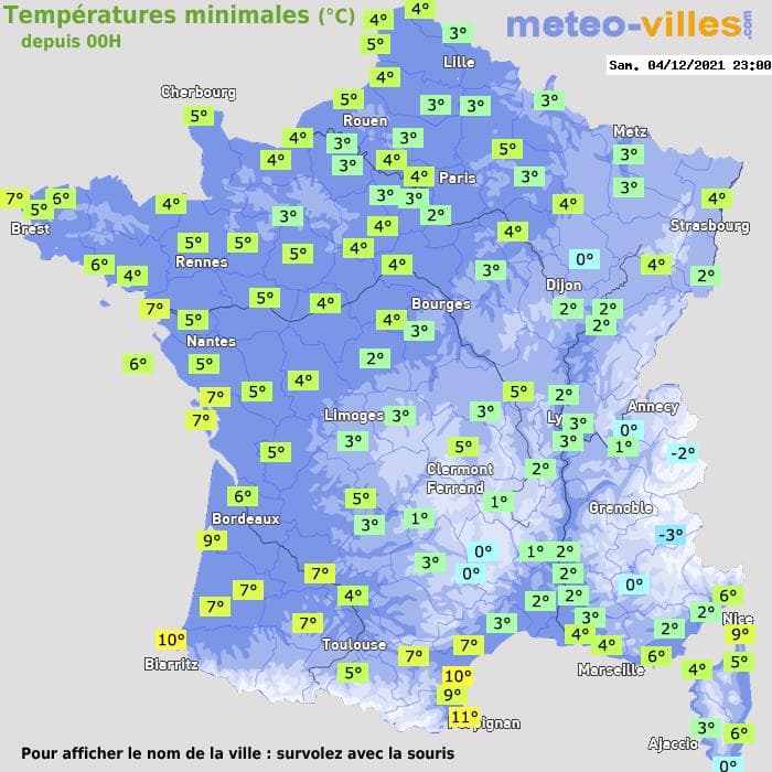 Températures minimales (°C) depuis 00h