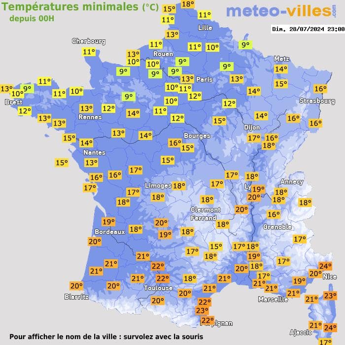 Températures minimales (°C) depuis 00h