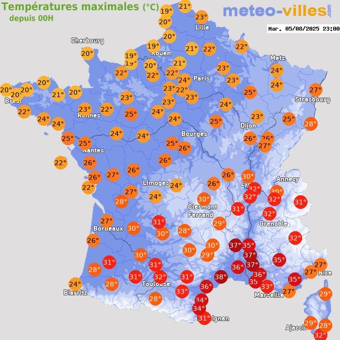 Températures maximales (°C) depuis 00h