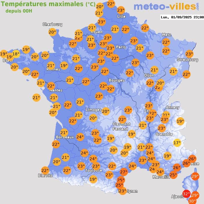 Températures maximales (°C) depuis 00h