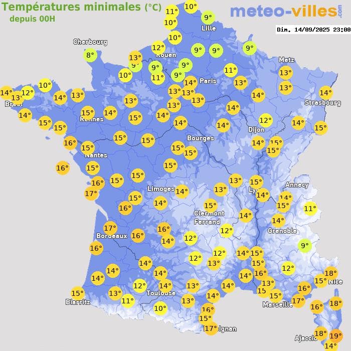Températures minimales (°C) depuis 00h