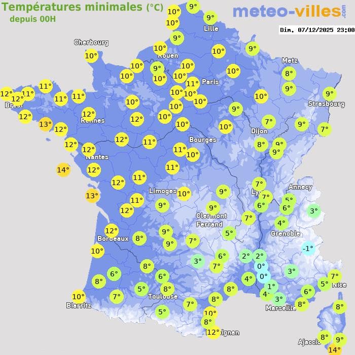Températures minimales (°C) depuis 00h