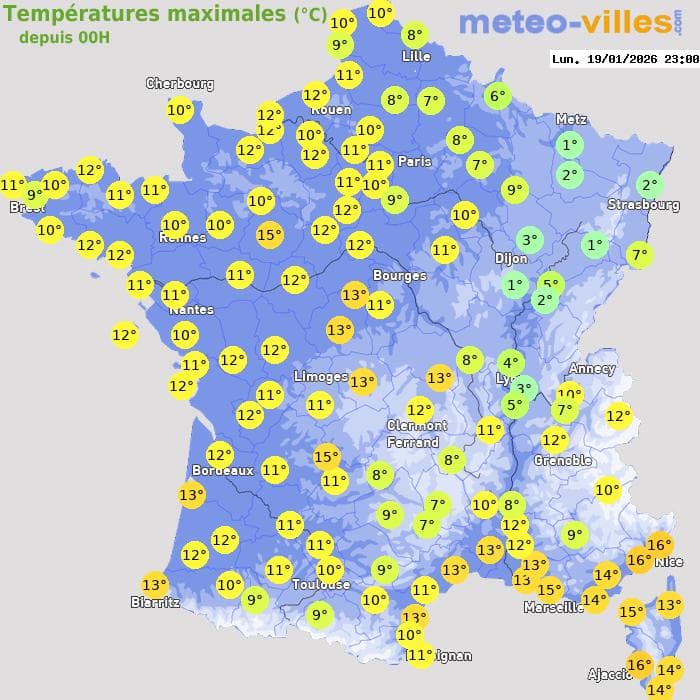 Températures maximales (°C) depuis 00h
