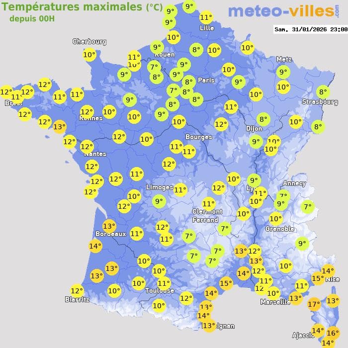 Températures maximales (°C) depuis 00h