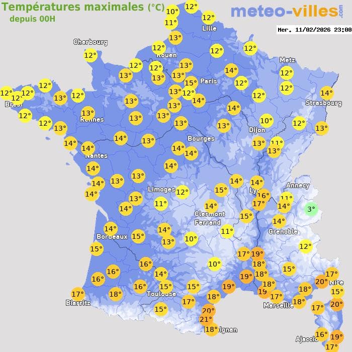 Températures maximales (°C) depuis 00h