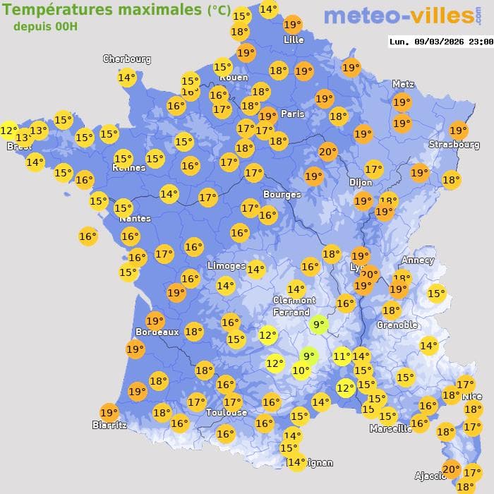 Températures maximales (°C) depuis 00h