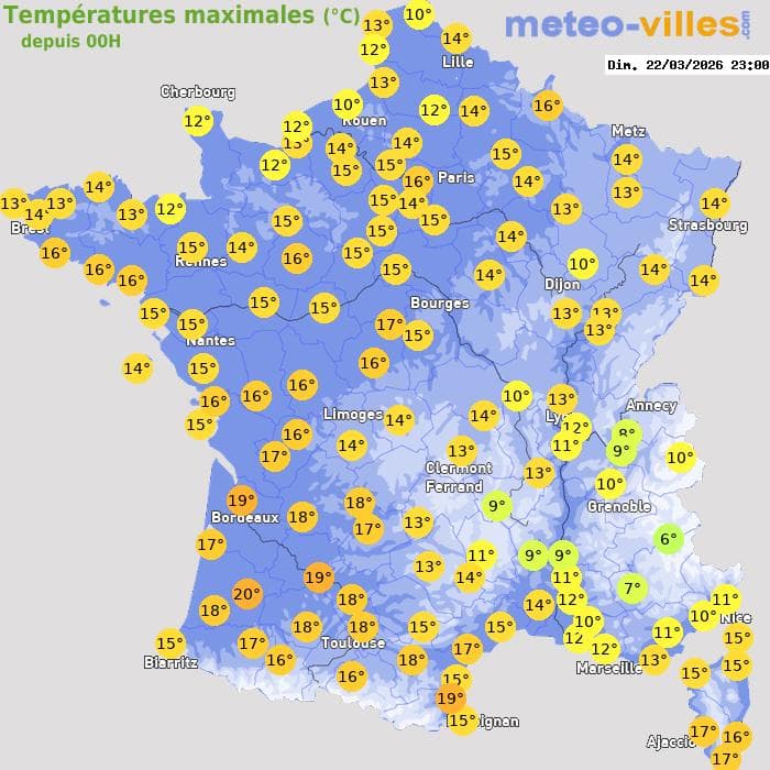 Températures maximales (°C) depuis 00h