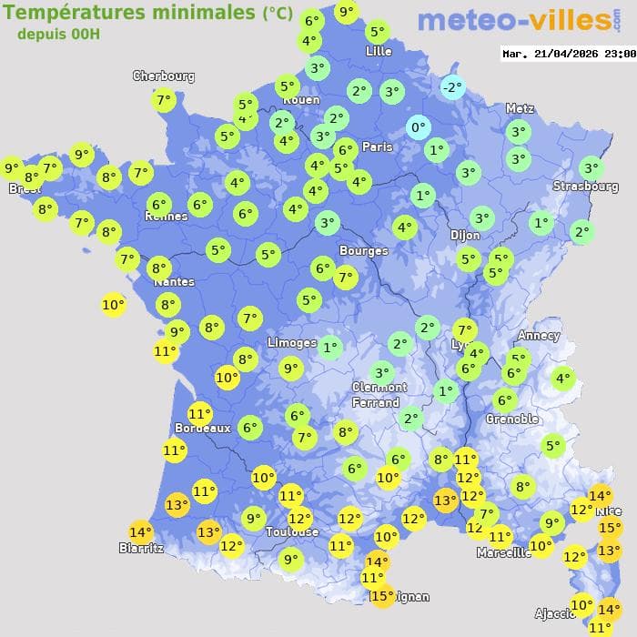 Températures minimales (°C) depuis 00h