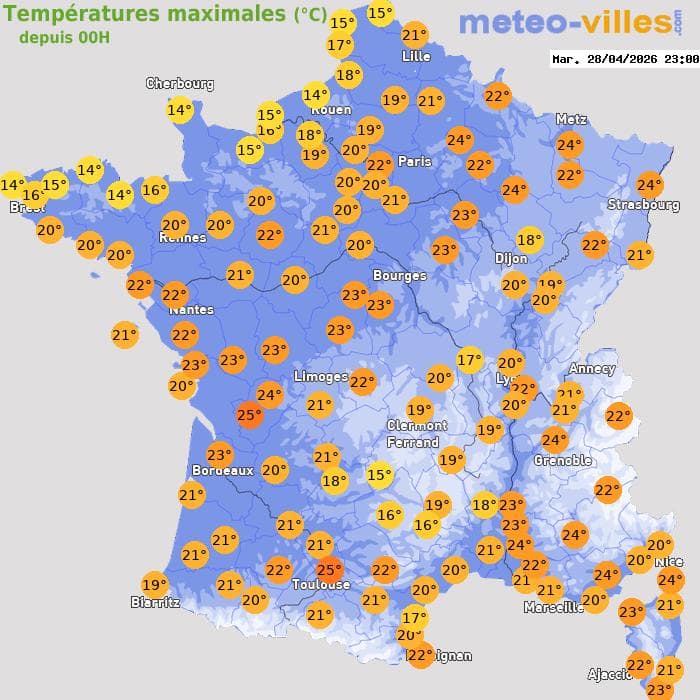Températures maximales (°C) depuis 00h