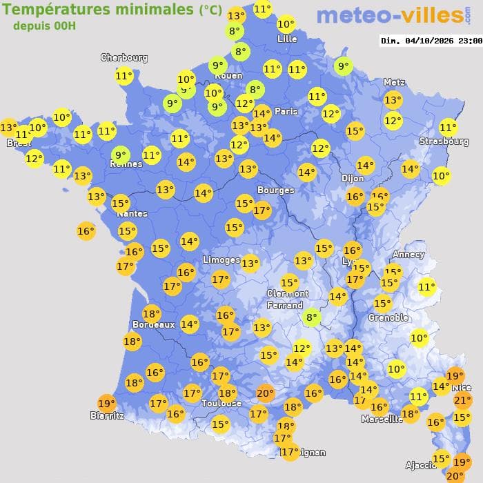 Températures minimales (°C) depuis 00h