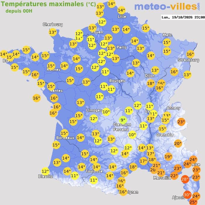 Températures maximales (°C) depuis 00h