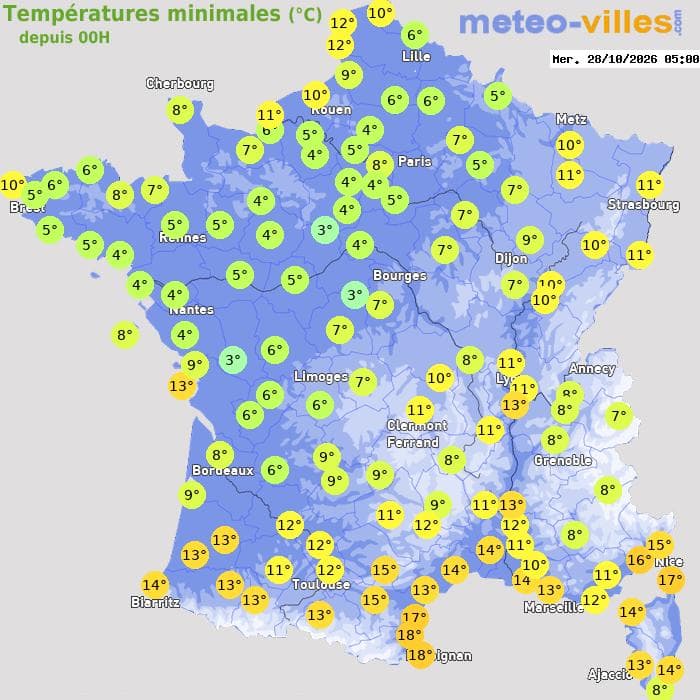 Températures minimales (°C) depuis 00h