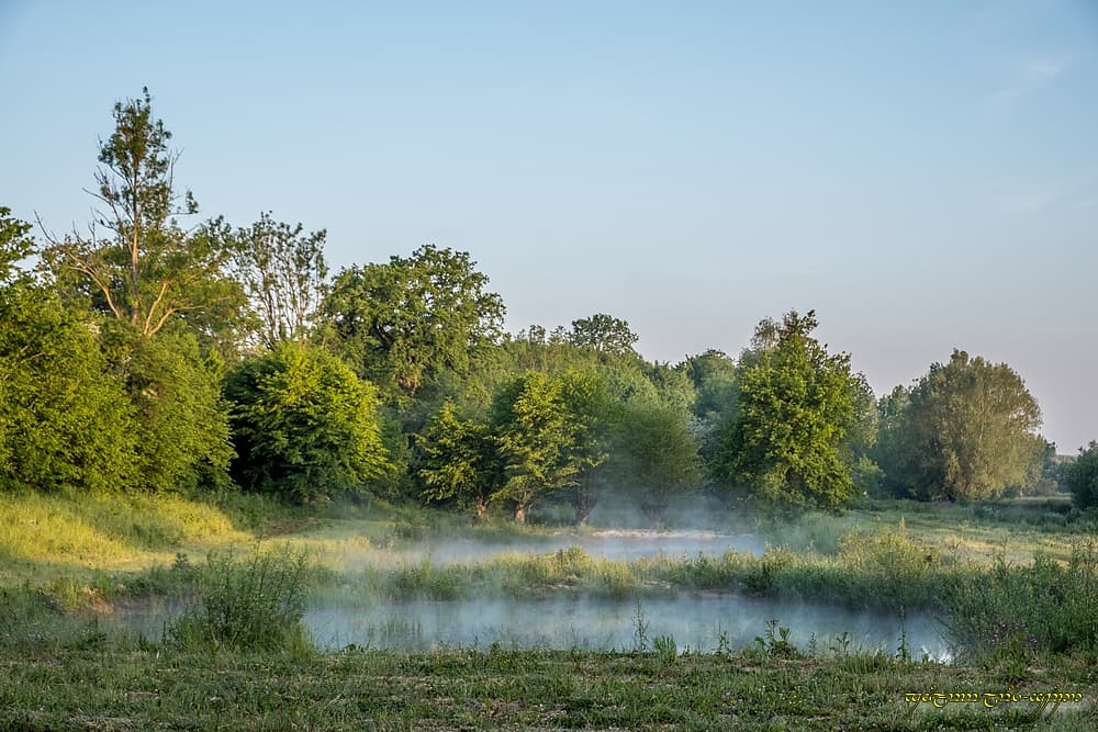 Etang fumant sous ciel bleu
