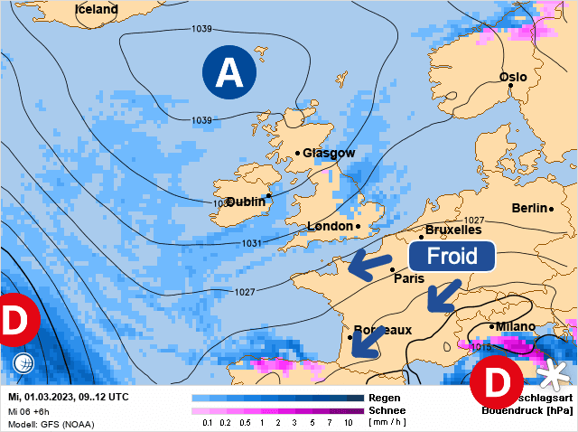 Carte de prévisions d'europe du Mercredi 1 mars 2023