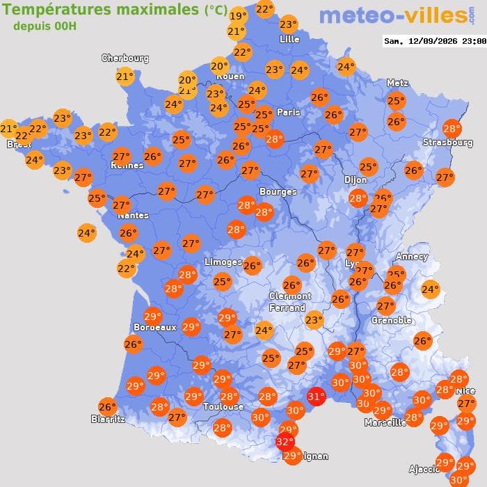 Températures maximales (°C) depuis 00h