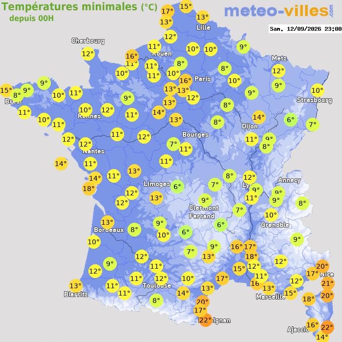 Températures minimales (°C) depuis 00h