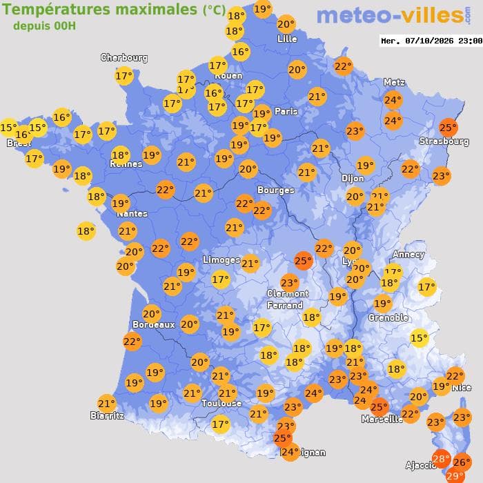 Températures maximales (°C) depuis 00h